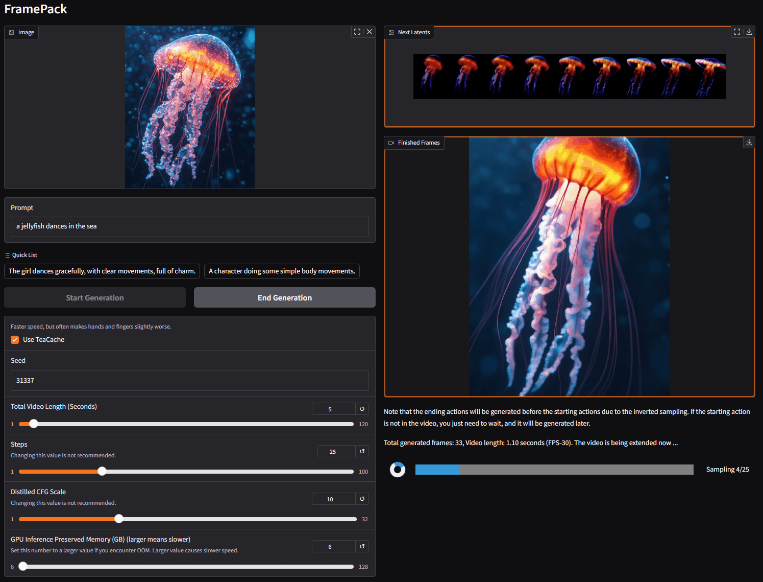 FramePack AI interface showing video generation in progress